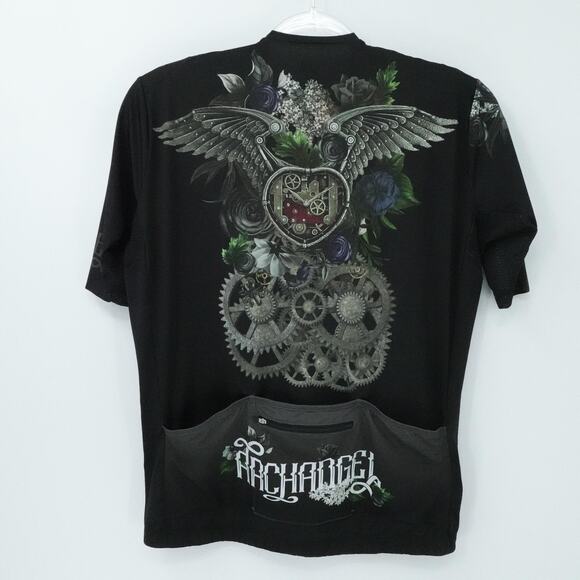 Archangel Cycling Jersey Mens 2XL Black Steampunk Winged Heart Gears Full Zip - Picture 2 of 16